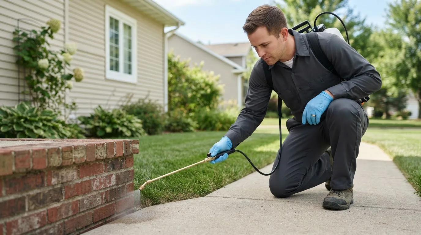 Pest control technician treating a home near Liberty, TN